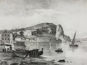 Ansicht von Terracina, Latium, Italien, Lithographie von Salvatore Puglia