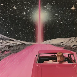 Rosa Auto auf kosmischer Reise