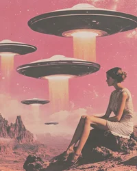 Frau betrachtet rosa UFOs