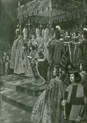 Die Übergabe der Sporen und des Schwertes bei der Krönung von Heinrich VI.