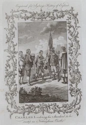 Karl I. befiehlt, sein Standard auf Nottingham Castle zu errichten (Stich)