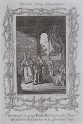 Dunstan zieht König Edwy von seiner Gemahlin, Königin Ethelgiva, an seinem Krönungstag weg (Stich)