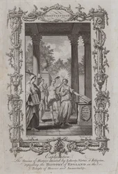 Der Genius der Geschichte begleitet von Freiheit, Tugend und Religion, die die Geschichte Englands im Tempel der Ehre und Unsterblichkeit ablegen (Gravur)