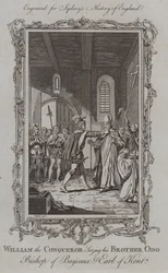 Wilhelm der Eroberer ergreift seinen Bruder Odo, Bischof von Bayeux und Graf von Kent (Gravur)