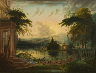 Eine romantische Landschaft mit der Ankunft der Königin von Saba