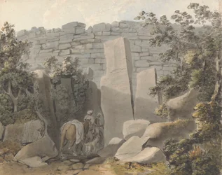 Einheimischer und Reiter bei einer Ruine