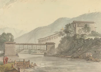 Ansicht von Tashichoedzong, Bhutan und Fußbrücke