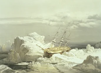 Kritische Position der H.M.S. Investigator an der Nordküste von Baring Island, 20. August 1851, graviert von William Simpson, veröffentlicht von Ackermann und Co., 1854