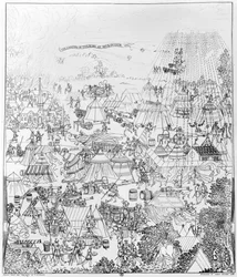 Das Lager von König Heinrich VIII. in Marquison, Juli 1544, radiert von James Basire, 1788