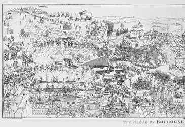 Die Belagerung von Boulogne durch König Heinrich VIII. (1491-1547) im Jahr 1544, gestochen von James Basire, 1788