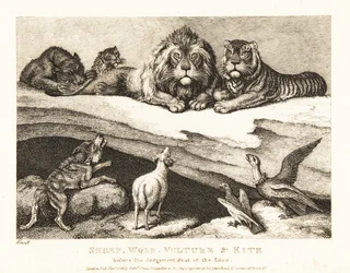 Ein Gerichtsverfahren zwischen Tieren, mit Löwe und Tiger als Richter. 1811 (Radierung)