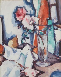 Stillleben mit Rosen und Birne