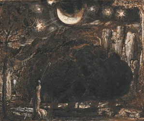 Ein Schäfer und seine Herde unter Mond und Sternen