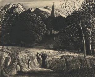 Kornfeld und Kirche im Mondlicht