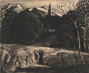 Kornfeld und Kirche im Mondlicht