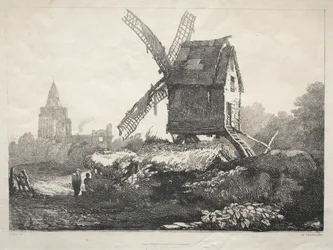 Eine Reihe alter Gebäude und ländlicher Hütten im Norden Englands: In Crowland, Windmühle