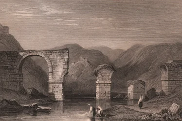 Ansicht der römischen Ruinen der Augustusbrücke (Ponte di Augusto) über den Nera-Fluss