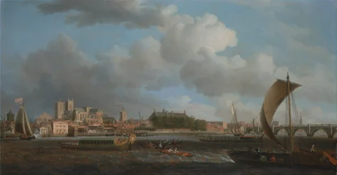 Westminster von Lambeth, mit der Zeremonialbarke der Ironmongers Company