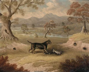Charley, ein Terrier mit einem Kaninchen