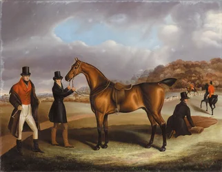 Lord George Bentinck mit seinem Lieblingsjäger und Stallknechten in einer Landschaft mit einer Jagd im Hintergrund