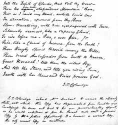 Letzte Zeilen von Coleridges Gedicht „Hymne vor Sonnenaufgang im Tal von Chamonix“, in der eigenen Handschrift des Dichters geschrieben und in einem Brief an Mrs Brabant aus Devizes gesandt, 1815