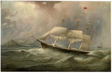 Das Klipperschiff Ocean Chief der Black Ball Line reduziert die Segel auf ihrer Australienfahrt, ca. 1853