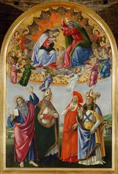 Krönung der Jungfrau mit sechzehn Engeln und den Heiligen Johannes dem Evangelisten, Augustinus, Hieronymus und Eligius