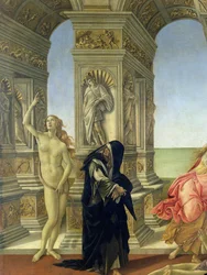 Die Verleumdung des Apelles; Detail zeigt die nackte Figur der Wahrheit, die zum Himmel zeigt, und die Reue in einem zerlumpten Dominikanerhabit, 1497-98 (Detail)