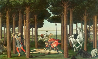 Die Ausweidung der verfolgten Frau: Szene II aus der Geschichte des Nastagio degli Onesti, um 1483