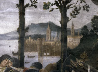 Die Reinigung des Aussätzigen und die Versuchung Christi, in der Sixtinischen Kapelle: Detail einer imaginären Hafenstadt in einer Landschaft, 1481