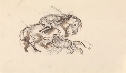 Pferd und Reiter von einem Löwen angegriffen