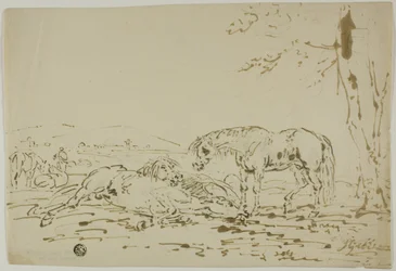 Landschaft mit Pferden im Vordergrund