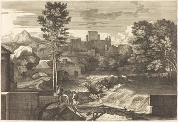 Landschaft mit zwei Figuren auf einer Brücke
