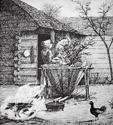 Landschaftsszene - eine Frau an einem Waschbottich, nach einer Illustration von J. S. Hodgson