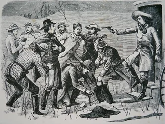 Vier Banditen überwältigen und plündern zwei Offiziere und sieben Soldaten in der Nähe von Bismarck, Dakota-Territorium, aus der 