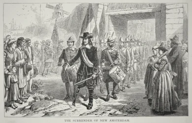 Gouverneur Peter Stuyvesant übergibt Neu-Amsterdam 1664 an die Briten