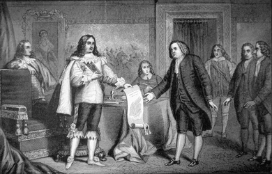 William Penn erhält die Charta von Pennsylvania von Karl II. von England im Jahr 1681