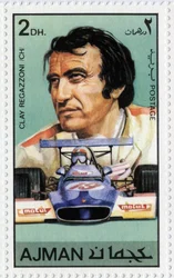 VAE-Briefmarke, die den Schweizer Rennfahrer Clay Regazzoni (geb. 1939) darstellt
