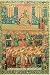 König Jakob I. der Eroberer präsidiert über die Cortes von Lleida im März 1242, aus einem Manuskript der 