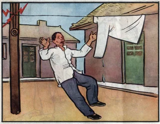 Zeichnung, die Gefahr der Elektroschocks durch das Aufhängen nasser Wäsche an elektrischen Kabeln. Illustration, in „How to use electricity safely“, China