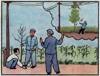 Zeichnung, die vor der Gefahr warnt, einen Baum unter Stromleitungen zu pflanzen. Illustration in „Wie man Elektrizität sicher nutzt“, China