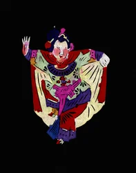Weibliche Figur der Pekinger Oper, Tänzerin. Bemaltes Papierschnitt oder „Jian Zhi“, chinesische Volkskunst, Peking.