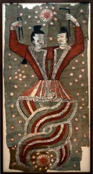 Fuxi und Nuwa, gefunden in den Gräbern des Astana-Friedhofs, Turfan