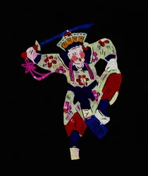 Männliche Figur der Pekinger Oper. Bemaltes Papierschnitt oder „Jian Zhi“, chinesische Volkskunst, Peking.