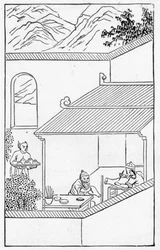 Malerei blaue Blumen auf Vasen, aus einer Serie von Illustrationen zur Herstellung von Porzellan (Lithografie)