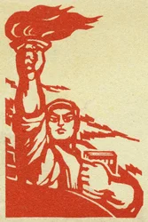 Porträt eines chinesischen Revolutionärs mit Flamme und dem Roten Buch von Präsident Mao. Illustration der Propaganda, in "Handbuch zum guten Zeichnen", Peking