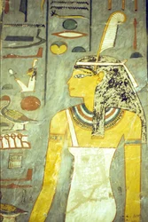 Altes Ägypten, Schnitzerei/Malerei, Grab von Ramses I., Theben, Die Göttin Maat, Göttin der Wahrheit und Gerechtigkeit, mit Straußenfeder (Foto)