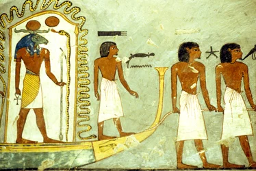 Altes Ägypten, Wandmalerei, Reise durch die Unterwelt, Boot von Männern gezogen, Grab von Ramses I., Theben