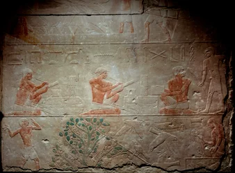 Kalksteinrelief, das Schreiber aus der Kapelle von Mastaba in Akhethetep darstellt, um 2300 v. Chr. 5. Dynastie. Altes Reich. Aus Saqqara. Paris, Louvre Museum
