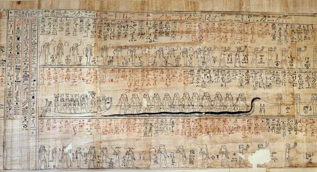 Ägyptische Antike: Papyrus aus dem Buch der geheimen Häuser. Dieses Buch ist eine kommentierte Darstellung der unterirdischen Reise der Sonne während der zwölf Stunden der Nacht. Zuerst an den Wänden der königlichen Gräber gezeichnet, wurde es dann auf Pap
